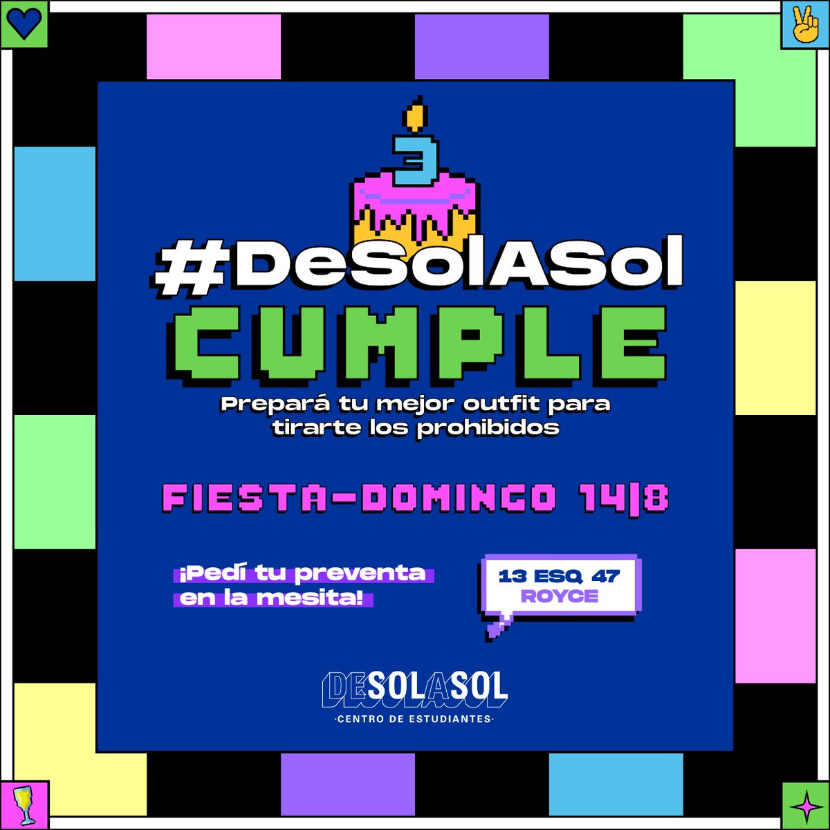 Desolasol_fda's tweet photo. 🎈🎂TE INVITO A MI CUMPLEAÑOS ¡NO FALTES! 🎈🎂

Se acabó la espera. Cumplimos años y tiramos la casa por la ventana💃🏻🕺🏼
Así que preparate, busca tu mejor outfit y vení a celebrar con nosotrxs🍸🍹🎊

📆Domingo 14 [ el 15 es feriado 😱🍐] 
📍Royce (13 y 47) https://t.co/6xxzKoGPWj