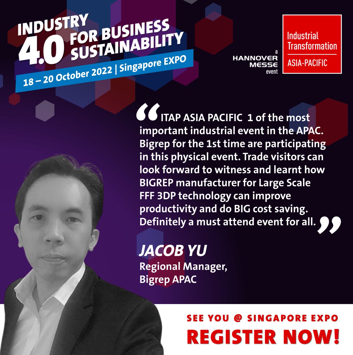 [MEET OUR EXHIBITORS 🤝💼] We are delighted to welcome BigRep GMBH, a manufacturer for Industrial grade large scale 3D printers, as our exhibitor this year!
.
Meet them @ ITAP 2022, REGISTER NOW: bit.ly/3a3ZsHs
.
#ITAP2022 #industry40 #i40