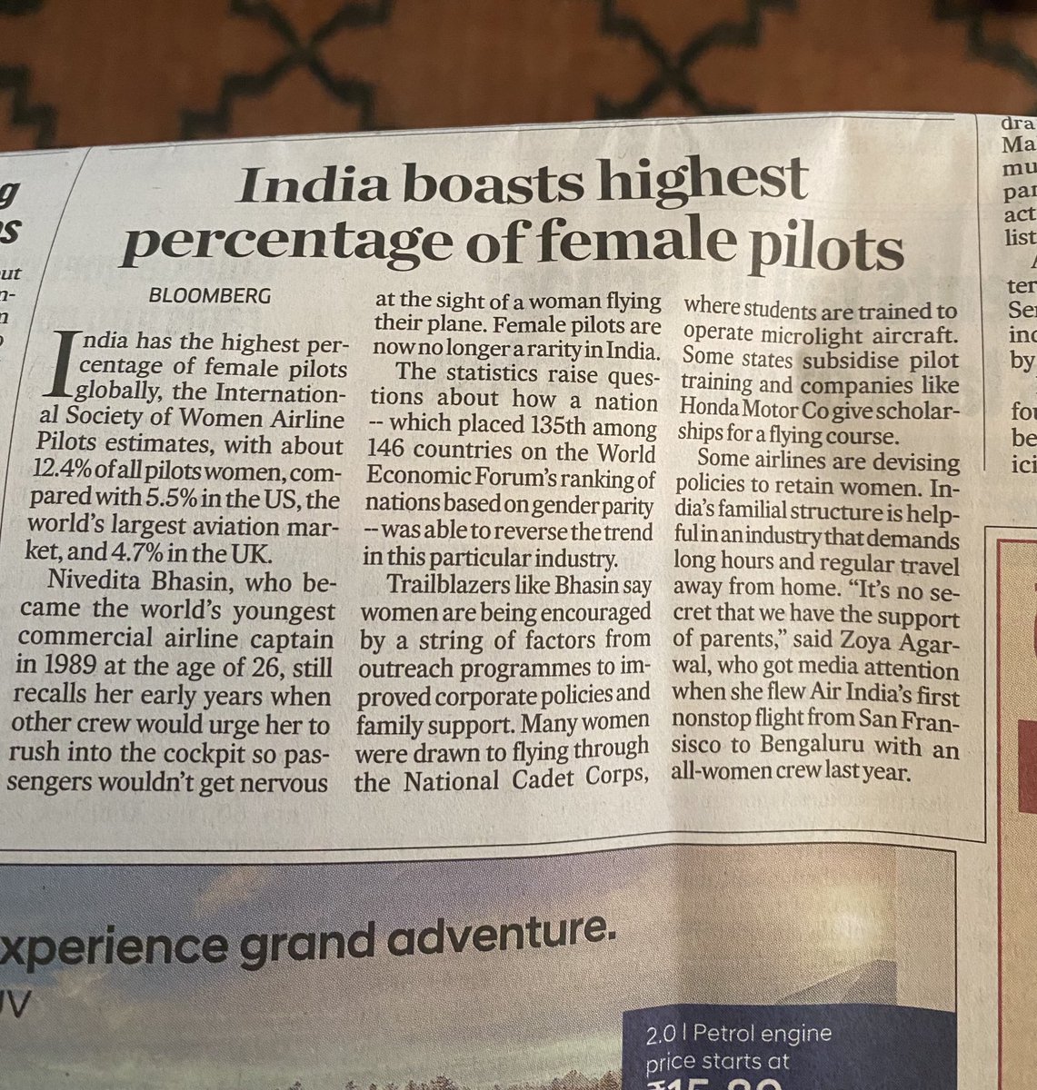 Happy to see this! India has the highest percentage of female pilots acc to a recent estimate.