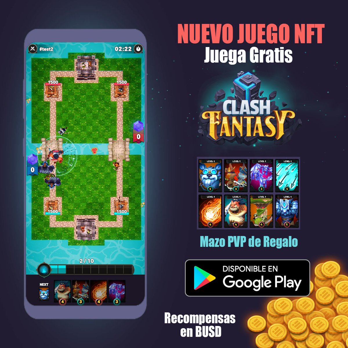 ⚔️PLAY TO EARN⚔️ ¡ESTÁN DISPONIBLES!.
Ya está disponible para su descarga e instalación en Google Play Store, prepárate para disfrutar de divertidas batallas multijugador construyendo tu mazo NFT o probando el mazo gratuito que obtiene cada usuario. Gana recompensas en BUSD