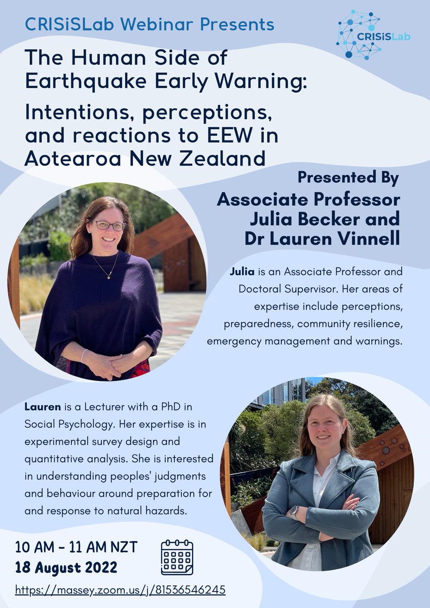 JCDR (@nzjcdr) on Twitter photo Join CRISiSLab Webinar on 18 Aug! Associate Professor Julia Becker @Disastersmatter and Dr Lauren Vinnell <a href="/LJVinnell/">Dr Lauren Vinnell</a> will talk about the human side of Earthquake Early Warning in Aotearoa New Zealand. massey.zoom.us/j/81536546245 Join CRISiSLab Webinar on 18 Aug! Associate Professor Julia Becker @Disastersmatter and Dr Lauren Vinnell <a href="/LJVinnell/">Dr Lauren Vinnell</a> will talk about the human side of Earthquake Early Warning in Aotearoa New Zealand. massey.zoom.us/j/81536546245