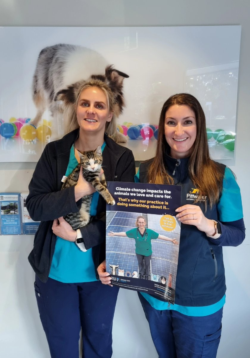 Vets4climateact's tweet photo. A big shout out to our friends at Pittwater Animal Hospital. Here’s Nurse Maria and Nurse Ella (and furry friend) who are taking part in the preliminary launch of the #ClimateCareProgram. Thanks team for displaying the program poster in your clinic! https://t.co/y0wGvW9ePf