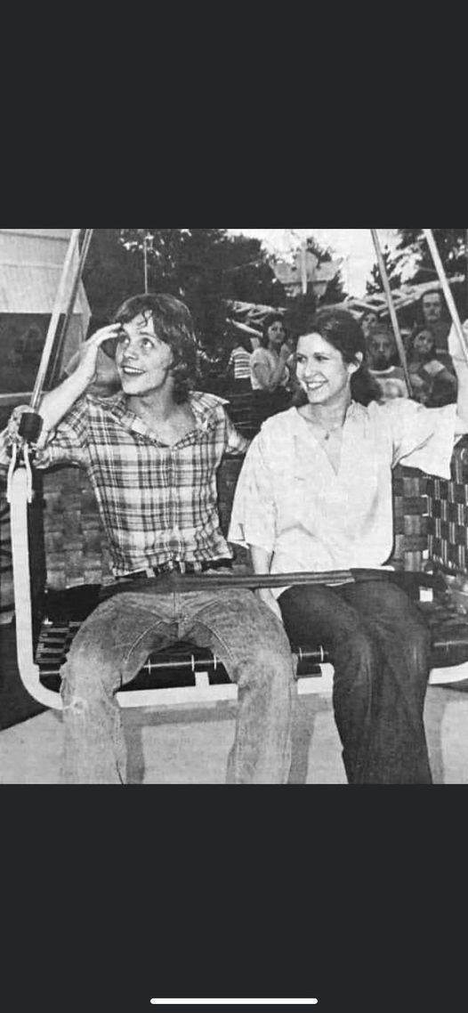 chipchambers's tweet image. Mark Hamill and Carrie Fisher enjoy a ride at Six Flags Over Georgia 1970s.  It’s looks like they’re riding The Gasp #starwars #markhamill #CarrieFisher