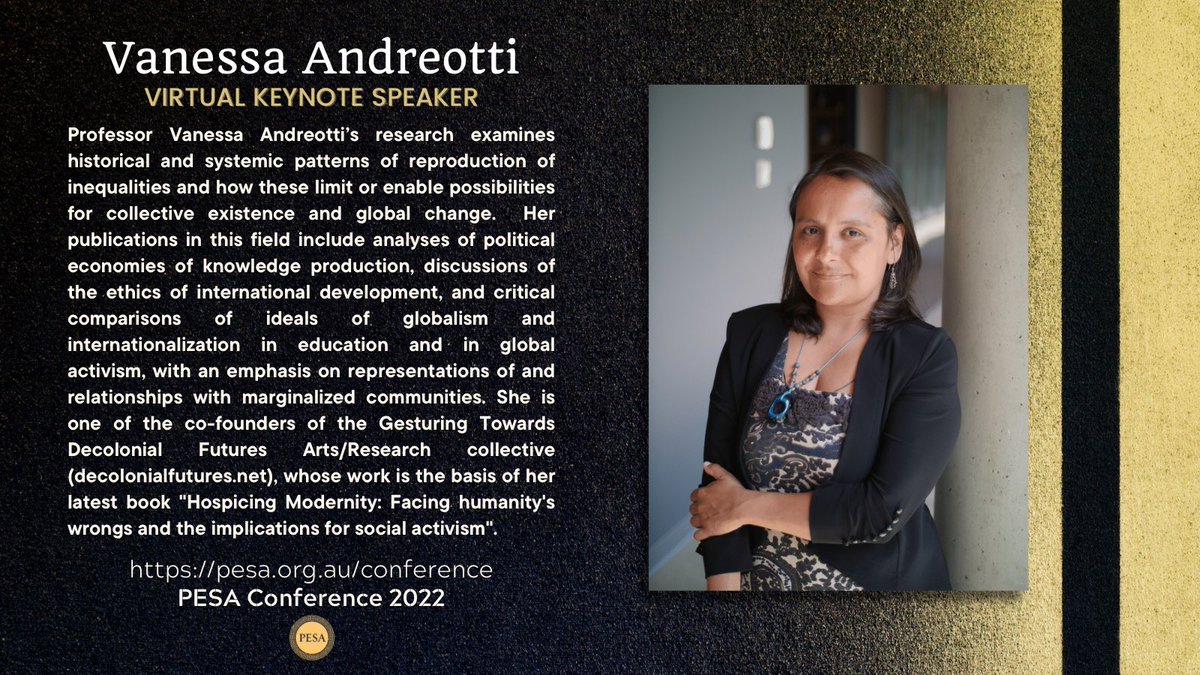 PESA (@pesaustralasia) on Twitter photo #VanessaAndreotti is the first of two virtual keynote speakers for #PESAConference2022 . Andreotti’s work focuses on the reproduction of #inequality and #InternationalDevelopment.
<a href="/EpatJournal/">Educational Philosophy & Theory</a> <a href="/PhilOfEdGB/">PESGB</a> <a href="/IntNet_PhilofEd/">International Network of Philosophers of Education</a> @PesaAgora <a href="/womendoingphilo/">Women Doing Philosophy</a> @BeraOf <a href="/vanessandreotti/">vanessa oliveira</a> #VanessaAndreotti is the first of two virtual keynote speakers for #PESAConference2022 . Andreotti’s work focuses on the reproduction of #inequality and #InternationalDevelopment.
<a href="/EpatJournal/">Educational Philosophy & Theory</a> <a href="/PhilOfEdGB/">PESGB</a> <a href="/IntNet_PhilofEd/">International Network of Philosophers of Education</a> @PesaAgora <a href="/womendoingphilo/">Women Doing Philosophy</a> @BeraOf <a href="/vanessandreotti/">vanessa oliveira</a>
