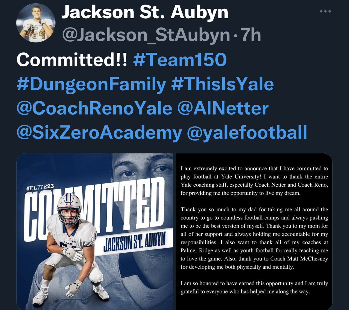 CONGRATS <a href="/Jackson_StAubyn/">Jackson St. Aubyn</a>! <a href="/yalefootball/">Yale Football</a> <a href="/AlNetter/">Coach Al Netter</a> gets a commit from a 3 ⭐️ OL that I believe is a P5 OL! Saint is a bad man &amp; has put in 3+ yrs in <a href="/SixZeroAcademy/">Coach Matt McChesney</a> to EARN IT! DAMN PROUD OF YOU JACK! @PRFBOfficial #DungeonFamily #IvyLeague