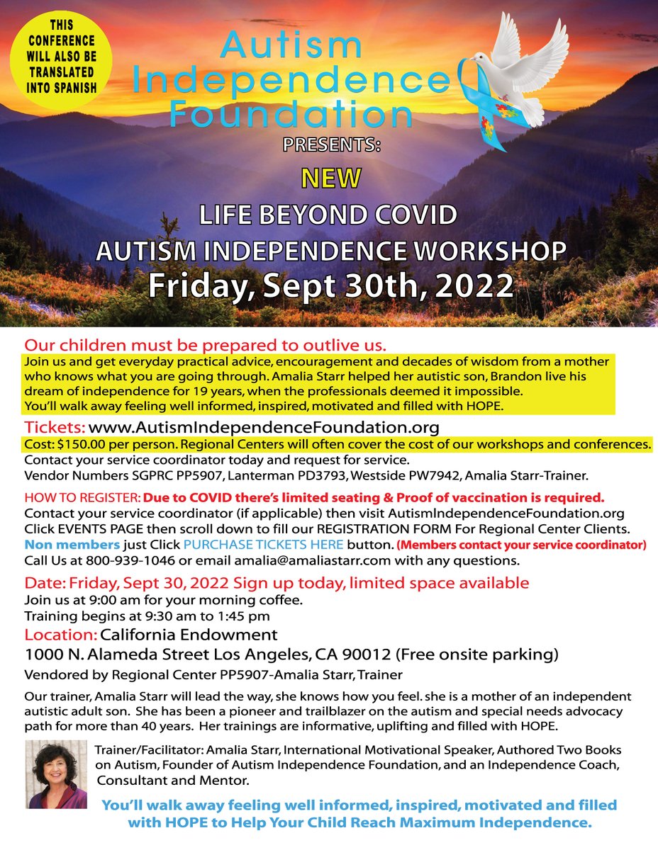 AutismMomExpert's tweet photo. Join us at our NEW Autism Independence Workshop, Life Beyond Covid on September 30, 2022, in Los Angeles. 
Our Children Must Be Prepared to Outlive Us. 
Regional Centers will often pay for our events. This workshop is for parents of all age children. https://t.co/OjgovRRTBC