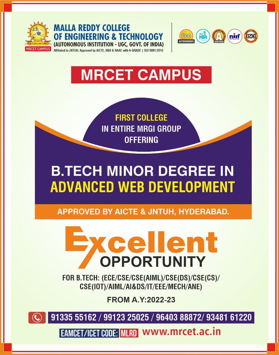 mrcetofficial's tweet image. MRCET CAMPUS - First college in entire MRGI group offering B.Tech Minor Degree in Advanced Web Development.
#mrcet #btechminordegree #advancedwebdevelopment