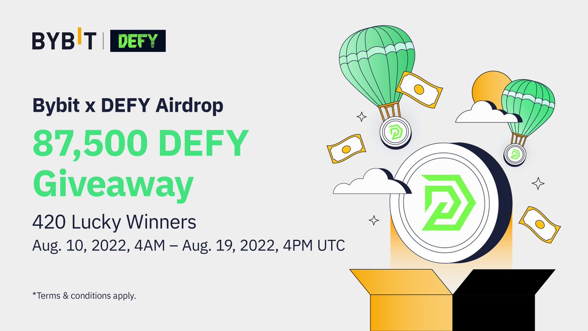🔥 Bybit X DEFY Airdrop!

1️⃣ Follow <a href="/Bybit_Official/">Bybit</a> &amp; <a href="/defydisrupt/">DEFY</a>
2️⃣ RT + Tag 3 Friends

🤑 420 lucky winners will share a 87,500 $DEFY prize pool!
⏰ Enter by Aug 19, 2022, 4PM UTC
👉 Join now: go.bybit.com/e/DgTYaEdEjsb
