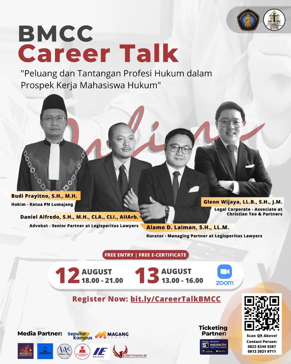 [BRAWIJAYA MOOT COURT COMMUNITY PROUDLY PRESENTS: BMCC CAREER TALK]

Day 1
📆 Jumat, 12 Agustus 2022
⏰18.00 - 21.00 WIB
📍Zoom Meeting

Day 2
📆 Sabtu, 13 Agustus 2022
⏰ 13.00 - 16.00 WIB
📍Zoom Meeting