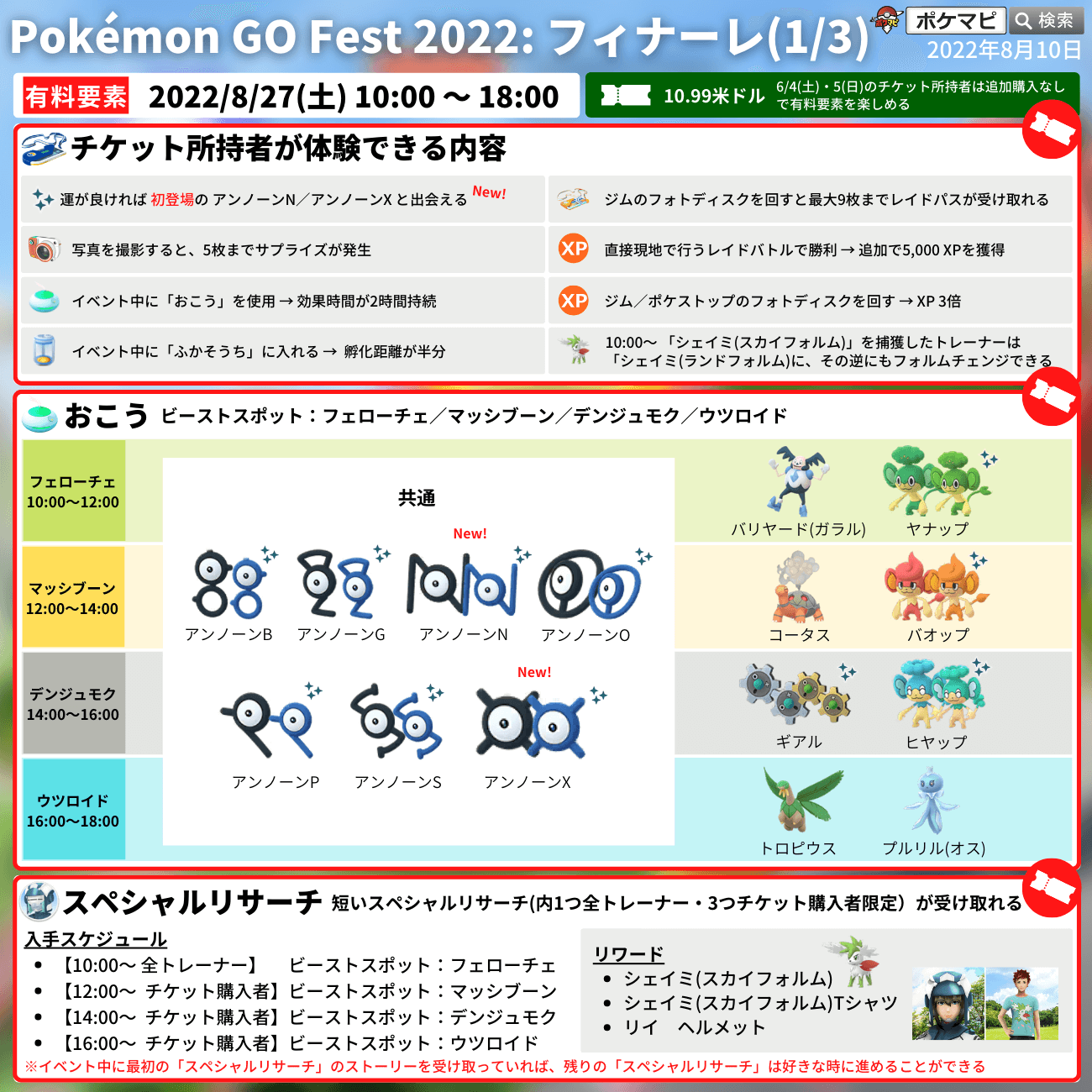 ポケモンgo攻略情報 ポケマピ Pokemon Go Fest フィナーレ 開催 期間 8 27 土 朝10時 18時 無料要素 色違いのムンナ初登場 ウツロイド フェローチェ マッシブーン デンジュモクがレイドに登場 有料要素 色違いのアンノーン N と X 初