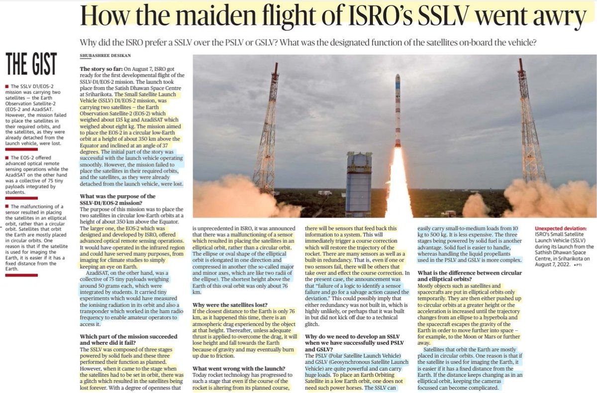 imRavikantYadav's tweet image. &quot;How the maiden flight of ISRO&apos;s SSLV went awry&quot; @isro
Well explained-Reasons fr failure,payloads #satellites onboard #EOS2 #AzadiSAT ,Elliptical &amp;amp; Low Earth orbit,Why #SSLV &amp;amp; not #PSLV #GSLV &amp;amp;
More info..

#space #SSLVD1 #ISRO

#UPSC