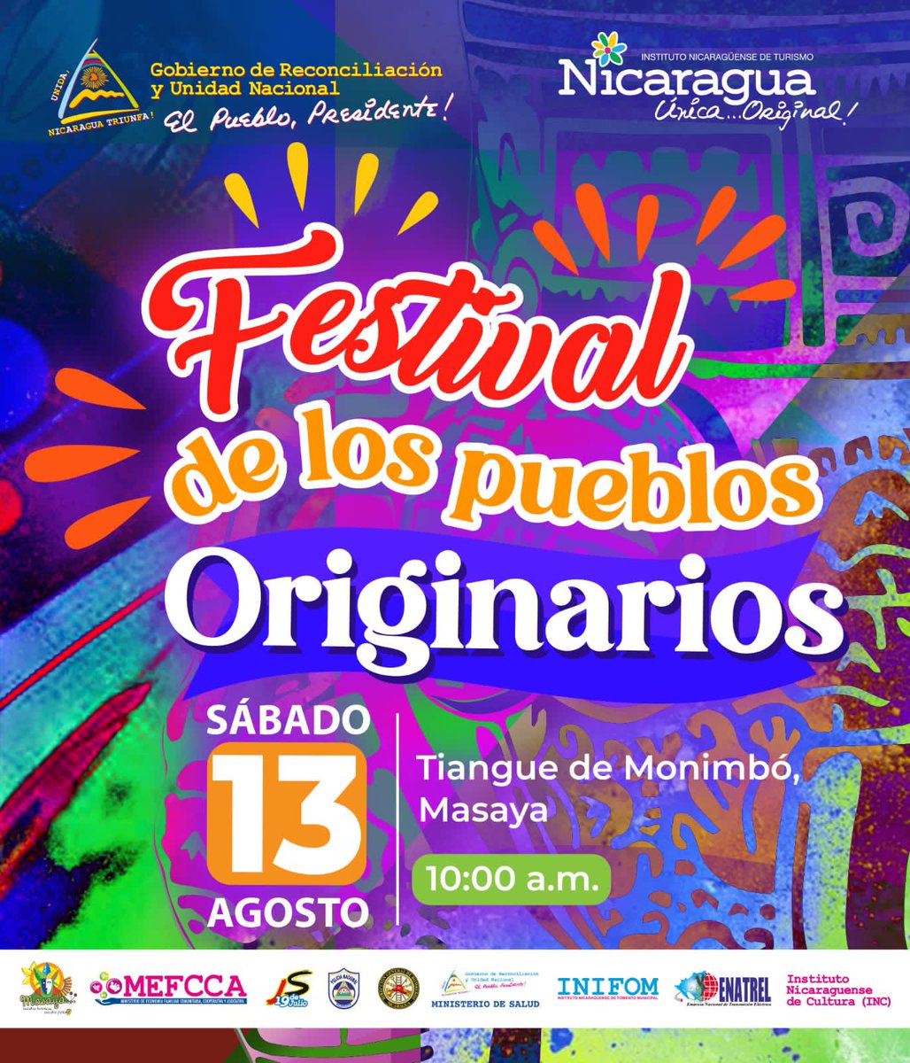 Celebramos el orgullo multicultural de Nicaragua, este 13 de agosto nos vemos en Masaya 🤩🥳💃🏻 🎶 

#NicaraguaÚnicaOriginal #NicaraguaNaturalmenteBella