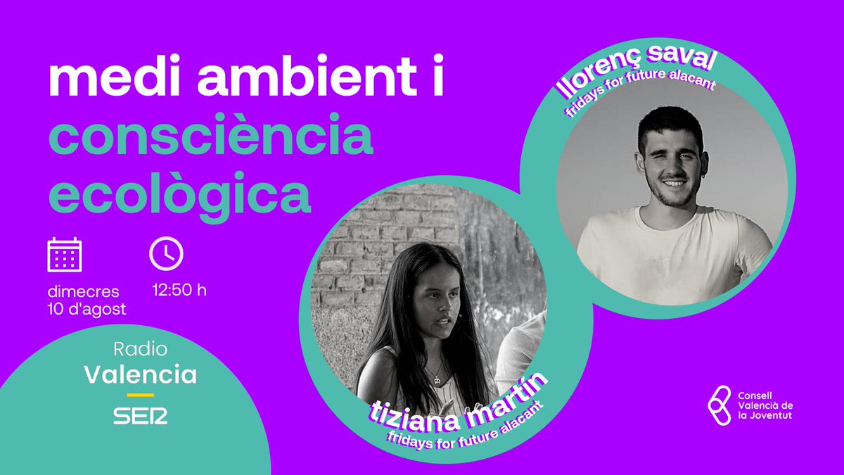 ConsellJove's tweet photo. 🌍fem tard a salvar el planeta? o podem passar #DeLesXarxesALAcció i garantir el futur?

🗣️parlem amb @tizianamartin3 i @llorsadev de @fridaysff_ALC sobre medi ambient i ecologisme en @radiovalencia.

📆dimecres, 10 d'agost
🕒12.50 hores

🟣escolta-ho ací https://t.co/ndNlRDssiD https://t.co/JBD2Snd2Sx