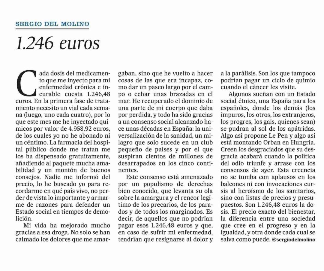 Muchos solo entenderán el éxito de nuestra sociedad  traduciendo el bienestar del que disfrutamos en euros, pero es una razón de peso.
<a href="/sergiodelmolino/">Sergio del Molino</a> en <a href="/el_pais/">EL PAÍS</a>
