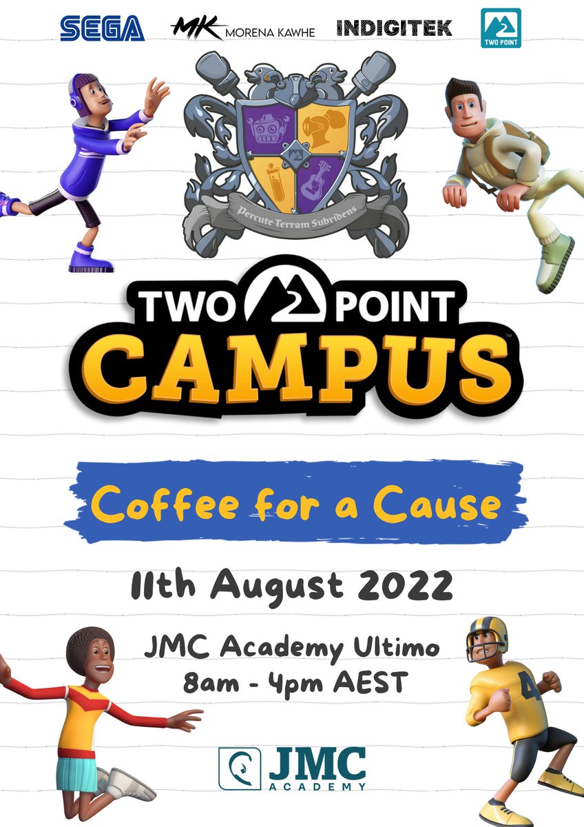 FiveStarGamesOz's tweet photo. If case you haven't heard, we are taking over the cafeteria at @JMCAcademy Sydney tomorrow from 8am - 4pm with our limited supply Two Point Campus coffee blend by @MorenaKawhe! 

100% of proceeds are going to support @Indigitek and you can play the game and win prizes as well! https://t.co/TQgjk3gM5S