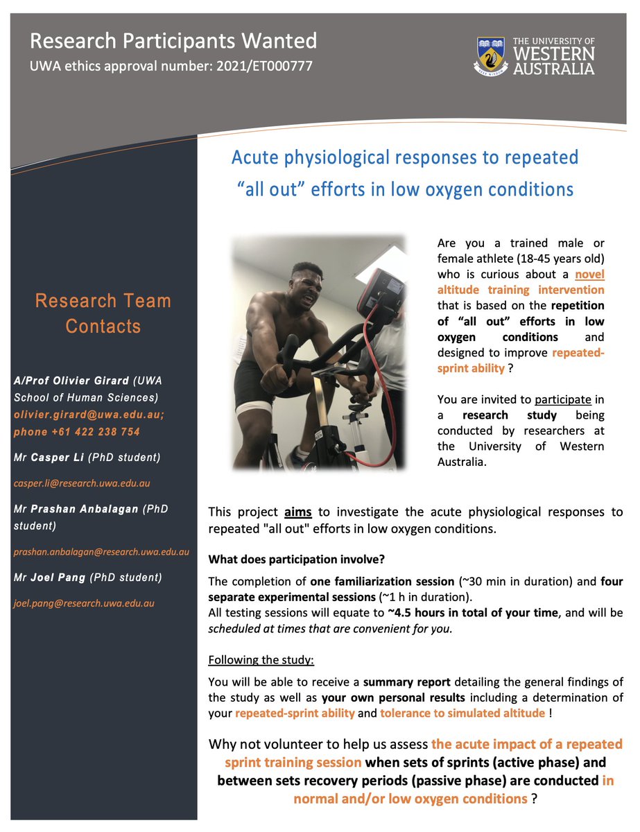 Olivier Girard (@dr_o_girard) on Twitter photo Hey Perth Sports Science community, if you want to learn more about Repeated Sprint Training in Hypoxia and help this brilliant group of <a href="/UWAhumanscience/">UWA School of Human Sciences</a> PhD students refine best practice, please get in touch! Hey Perth Sports Science community, if you want to learn more about Repeated Sprint Training in Hypoxia and help this brilliant group of <a href="/UWAhumanscience/">UWA School of Human Sciences</a> PhD students refine best practice, please get in touch!