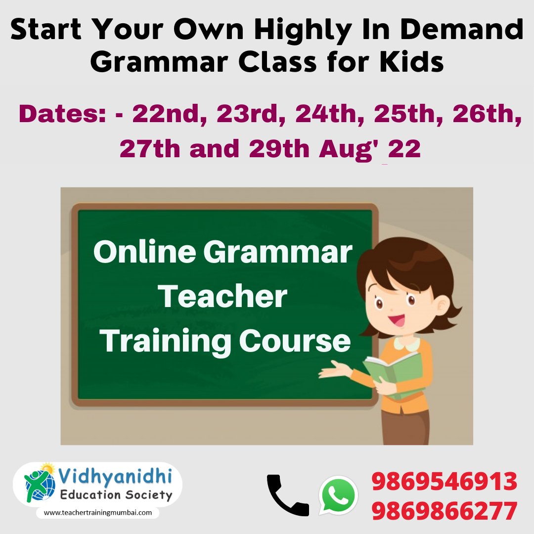 DiplomaTraining's tweet image. Hi! 😃 
Be a Certified Grammar Professional!
Start your own Highly in Demand Grammar Classes for kids. 👩🏻🏫
LIVE INTERACTIVE ONLINE - ’Certificate Programme in Grammar Teachers' Training’
#grammartraining #grammar_tips #learngrammar #grammartips #GrammarCourses