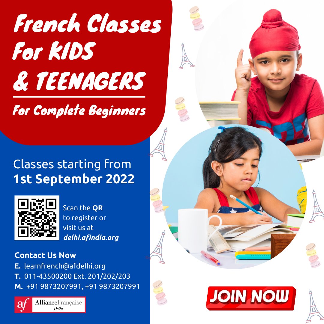alliancefrdelhi's tweet photo. #FrenchClasses for Kids and Teenagers are commencing from 1st September 2022 for complete beginners level.
Admissions are strictly based on first come first serve basis. Hurry ! Enrol now.
For registration & more info: https://t.co/UyX17FApiX
#LearnFrench #AFDelhi #French https://t.co/XGo5L50iIH