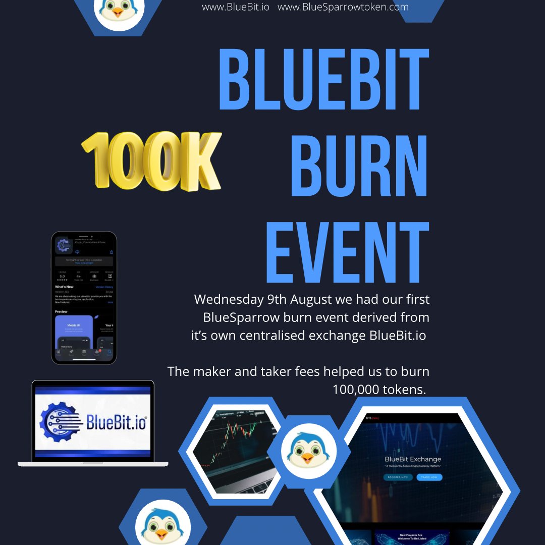 100,000 #BlueSparrow burnt from BlueBit.io fees! 🔥 🎉🔥

#Crypto #BlueBit