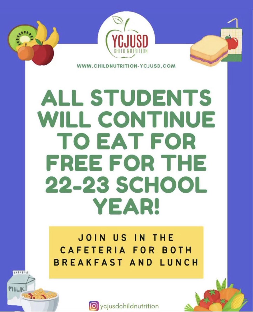 CHESChargers's tweet photo. All students eat for free for breakfast and lunch.  

#breakfast #lunch #cheschargers #gochargers #ycjusd #ycjusdallin https://t.co/v33uX9roJC