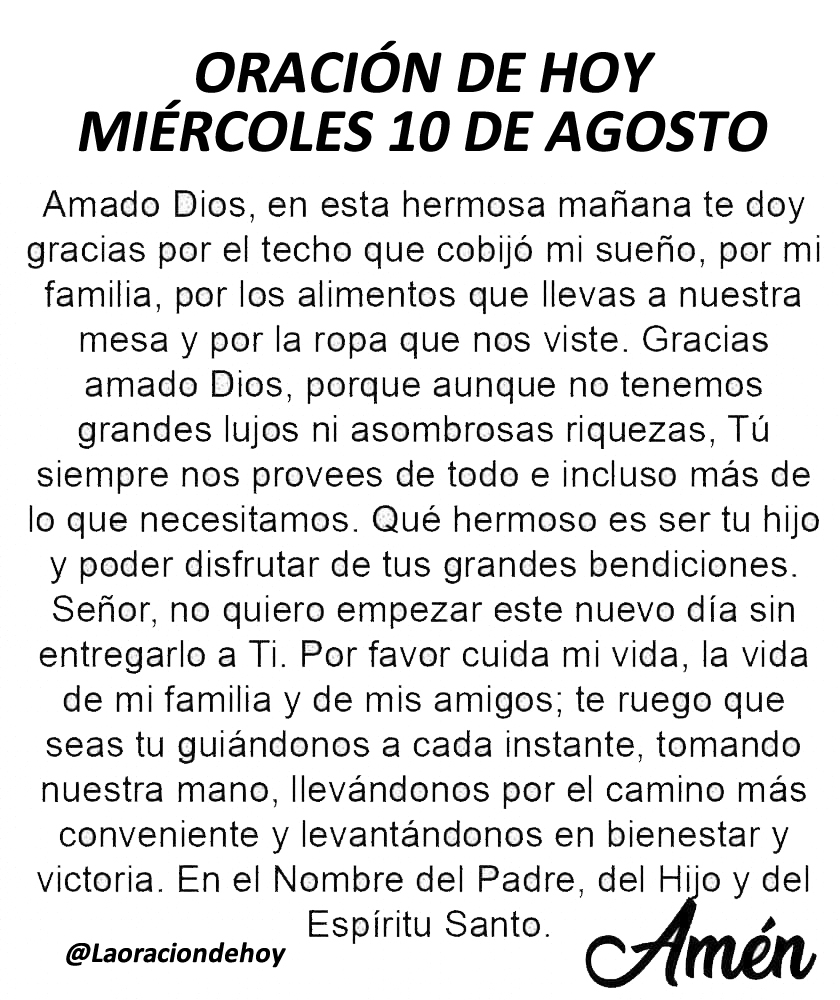 Oración diaria para hoy miércoles 10 de agosto.