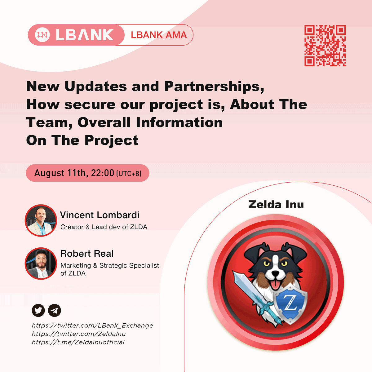 LBank_Exchange's tweet photo. 📞Upcoming AMA with $ZLDA team @ZeldaInu

🎙Speaker: Vincent Lombardi &amp; Robert Real

⏰Time: August 11th, 22:00 (UTC+8)

📍Venue: https://t.co/3UkM4ZOx3v

🎁Reward: $2,000 $ZLDA

👉Join the Campaign: https://t.co/3G7DayOEiQ

#crypto #LBankAMA https://t.co/Fh5XRuvZGZ