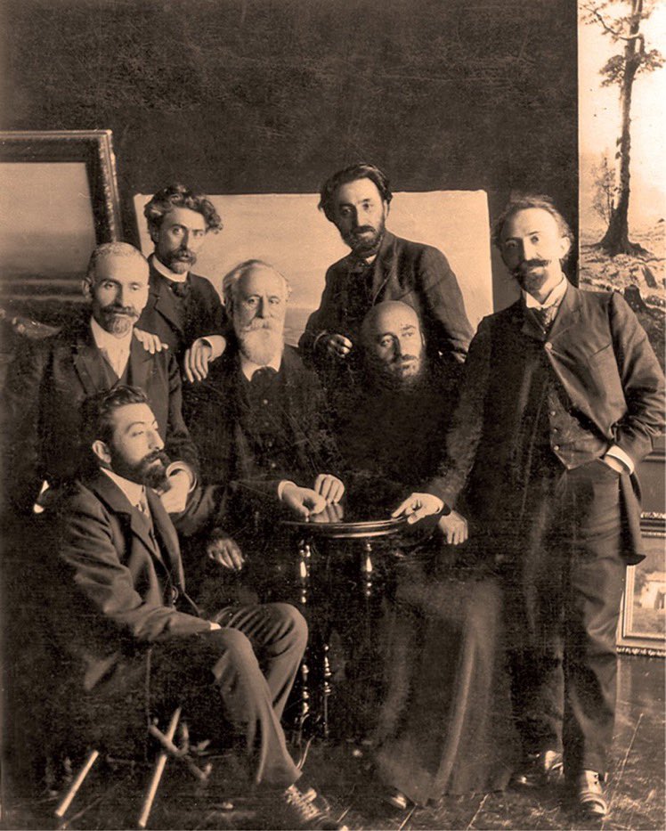 From left to right, Avetik Isahakyan, Hovhannes Tumanyan, Gevorg Bashinjaghyan, Ghazaros Aghayan, Vrtanes Papazyan, Komitas, Arshak Chopanyan, Tiflis, 1899