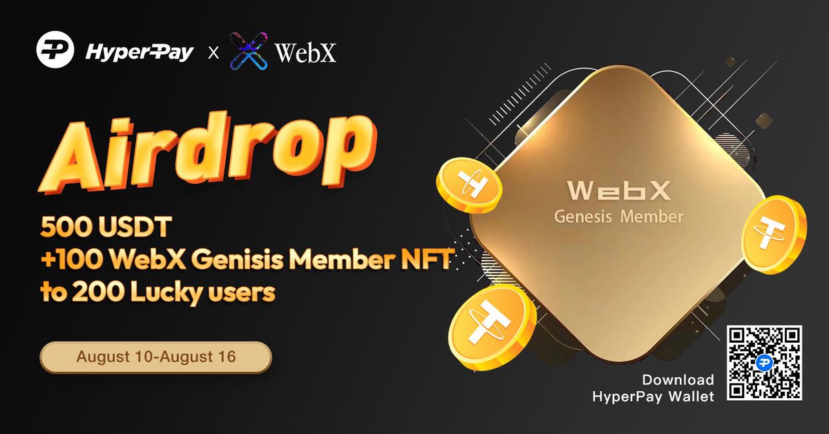 HyperPay (@hyperpay_tech) on Twitter photo Nonstop HyperPay #Giveaway -<a href="/WebX_cool/">WebX</a> 
 airdrop is live now 😍😍
🏆 500 USDT & 100 WebX Genesis NFTs
⏲️End on August 16th
Complete tasks in Gleam form to win!  🎉
gleam.io/CeKMb/hyperpay… Nonstop HyperPay #Giveaway -<a href="/WebX_cool/">WebX</a> 
 airdrop is live now 😍😍
🏆 500 USDT & 100 WebX Genesis NFTs
⏲️End on August 16th
Complete tasks in Gleam form to win!  🎉
gleam.io/CeKMb/hyperpay…