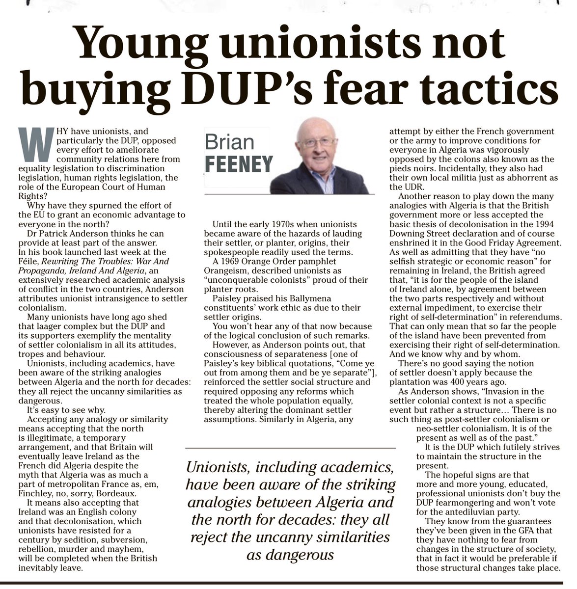 murchadhfinn's tweet photo. “…the DUP and its supporters exemplify the mentality of settler colonialism in all its attitudes, tropes and behaviour.”
~Brian Feeney

☕️🥐 https://t.co/Mli2LfoJwm