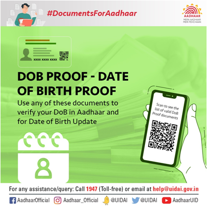 UIDAIBengaluru's tweet image. #DocumentsForAadhaar
DoB (ಹುಟ್ಟಿದ ದಿನಾಂಕ) ಪುರಾವೆ ನಿಮ್ಮ ಜನ್ಮ ದಿನಾಂಕವನ್ನು ಹೊಂದಿರುವ ದಾಖಲೆಯಾಗಿದೆ. ನಿಮ್ಮ ಆಧಾರ್‌ನಲ್ಲಿ ನಿಮ್ಮ ಜನ್ಮದಿನಾಂಕವನ್ನು ನವೀಕರಿಸಲು ನೀವು ಈ ದಾಖಲೆಗಳನ್ನು ಬಳಸಬಹುದು. #UIDAI ಸ್ವೀಕರಿಸಿದ ಎಲ್ಲಾ DoB ಪುರಾವೆ ದಾಖಲೆಗಳನ್ನು ನೋಡಲು ಲಿಂಕ್ ಅನ್ನು ಅನುಸರಿಸಿ uidai.gov.in/images/commdoc…