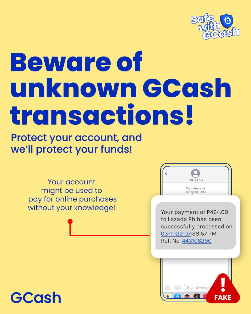 Panatilihing safe ang account mo from unauthorized GCash transactions! Never share your MPIN or OTP to anyone. 

Kung may napansin kang unknown activity sa GCash mo, i-report agad sa help.gcash.com/hc/en-us, talk to Gigi and type “I want to report a scam.”
 #ReadySetG #iGCashMo