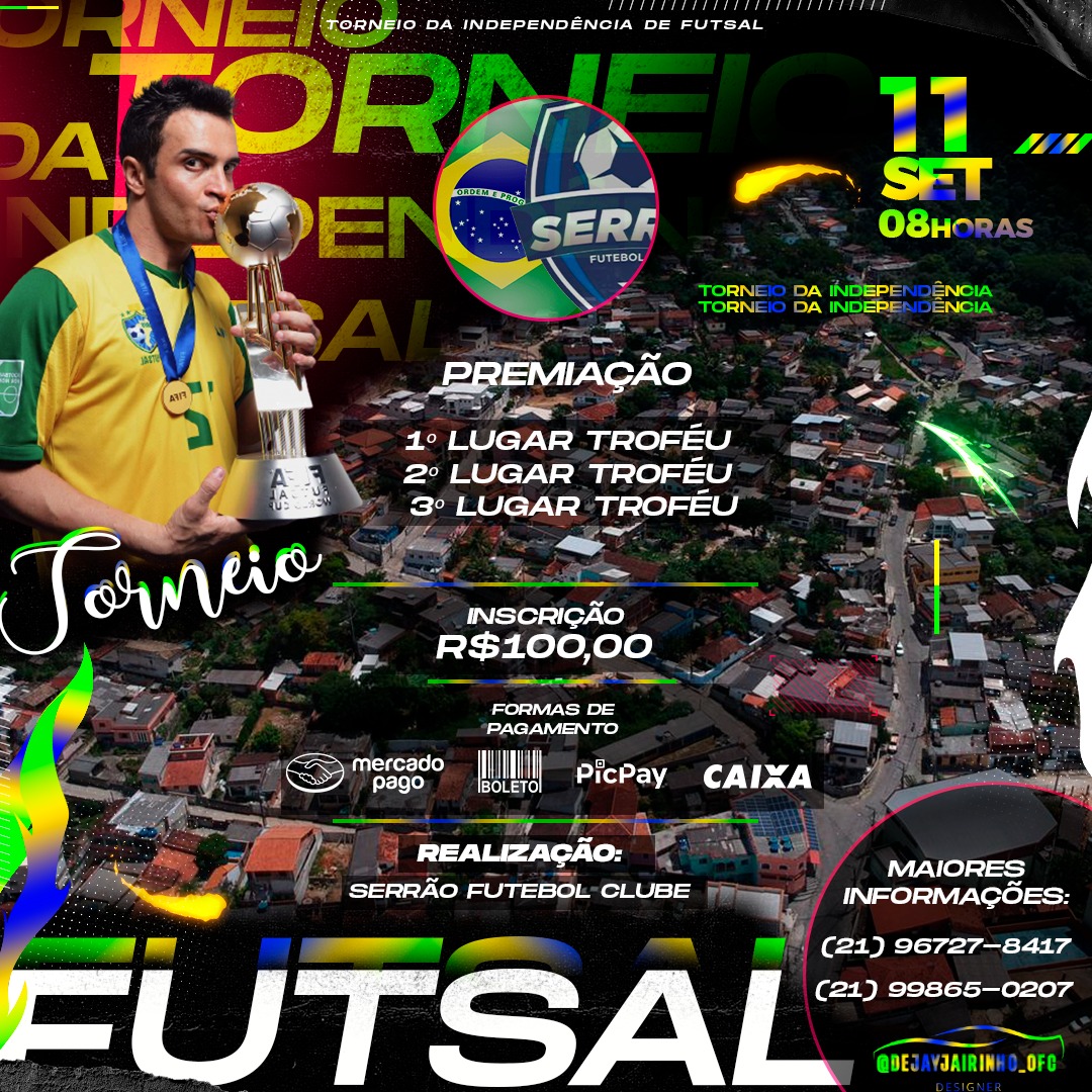 serraofcoficial's tweet photo. Para comemora o mês da Independência do Brasil, decidimos trazer-vos um torneio de futsal, que será realizar no dia 11 de Setembro Aparti das 08hs da manhã na Quadra Poliesportiva da Serra do Sambê.✨
Junta a tua equipa e venham participar 😝 https://t.co/lEdquQlNG3