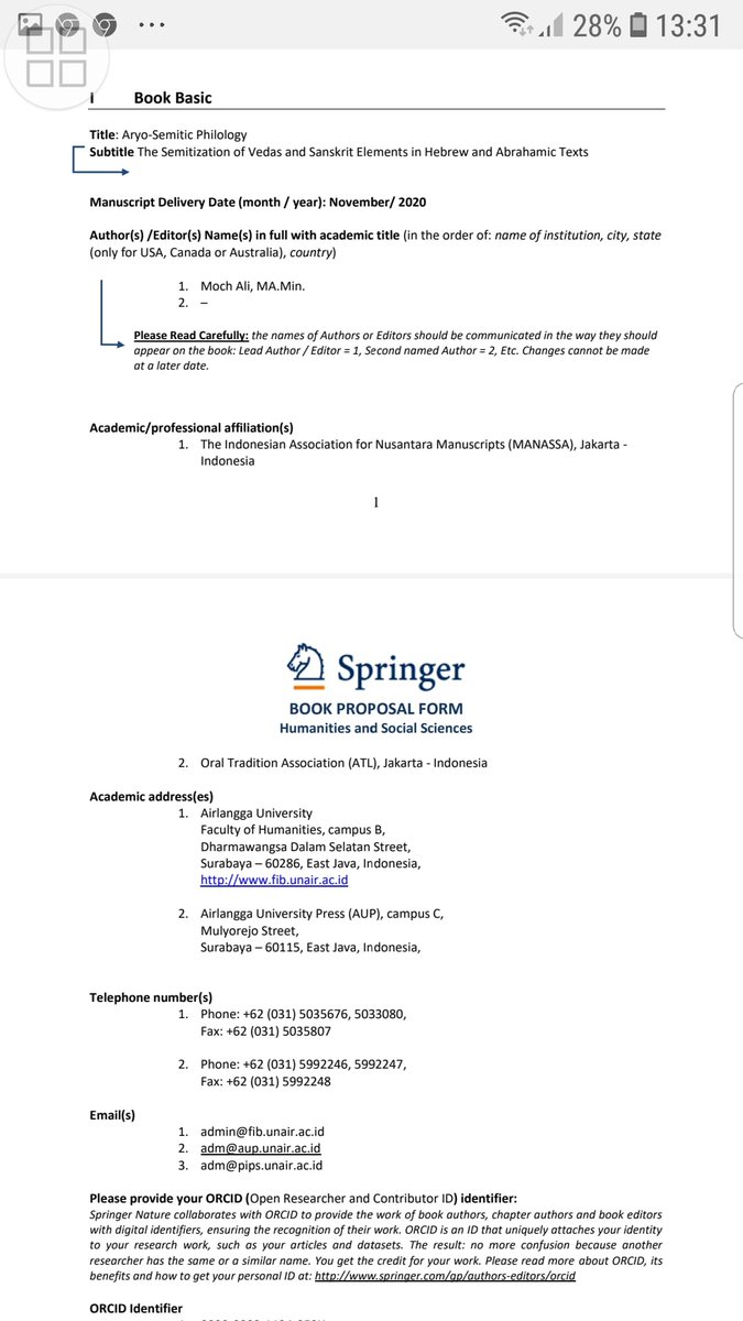 AliMenachem's tweet photo. Buku saya akan diterbitkan SPRINGER, berjudul "Aryo-Semitic Philology: the Semitization of Vedas and Sanskrit Elements in Hebrew and Abrahamic Texts", dan sudah mengisi book proposal form dari penerbit SPRINGER https://t.co/Z6FgJAW1ip