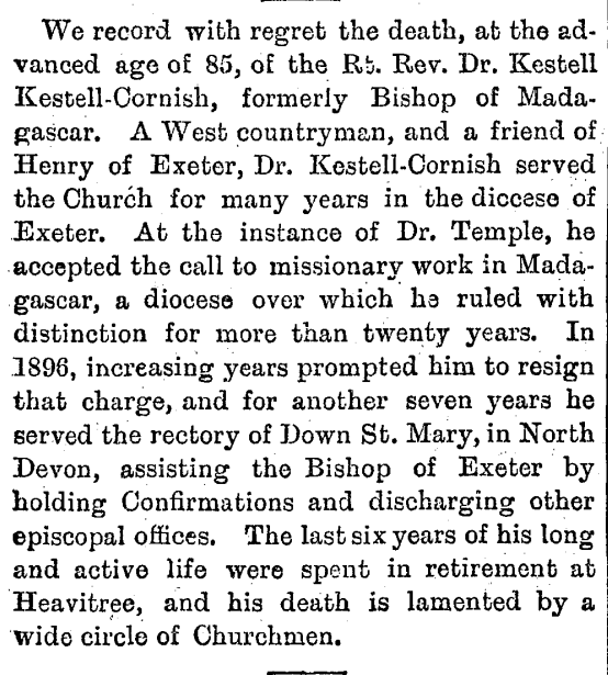 AustAnglican's tweet photo. 10 August 1824: birth (Ottery St Mary, Devonshire) of Robert Kestell Kestell-Cornish, the Vicar of Landkey, Devon, who was consecrated in St Paul's Church, Edinburgh, on 2 February 1874, to be first Bishop in Madagascar, retiring 29 September 1896. #anglican #198years 🇲🇬 https://t.co/r5czCiL9vT