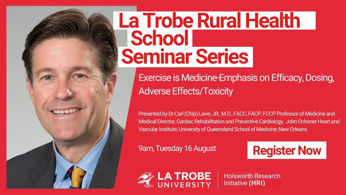 LaTrobeHRI's tweet image. 1 week to go!
"Exercise is Medicine" seminar presented by Dr Carl Lavie. Don't forget to register!
latrobe.edu.au/events/all/la-…

#LaTrobeRHS #HRI_LaTrobe