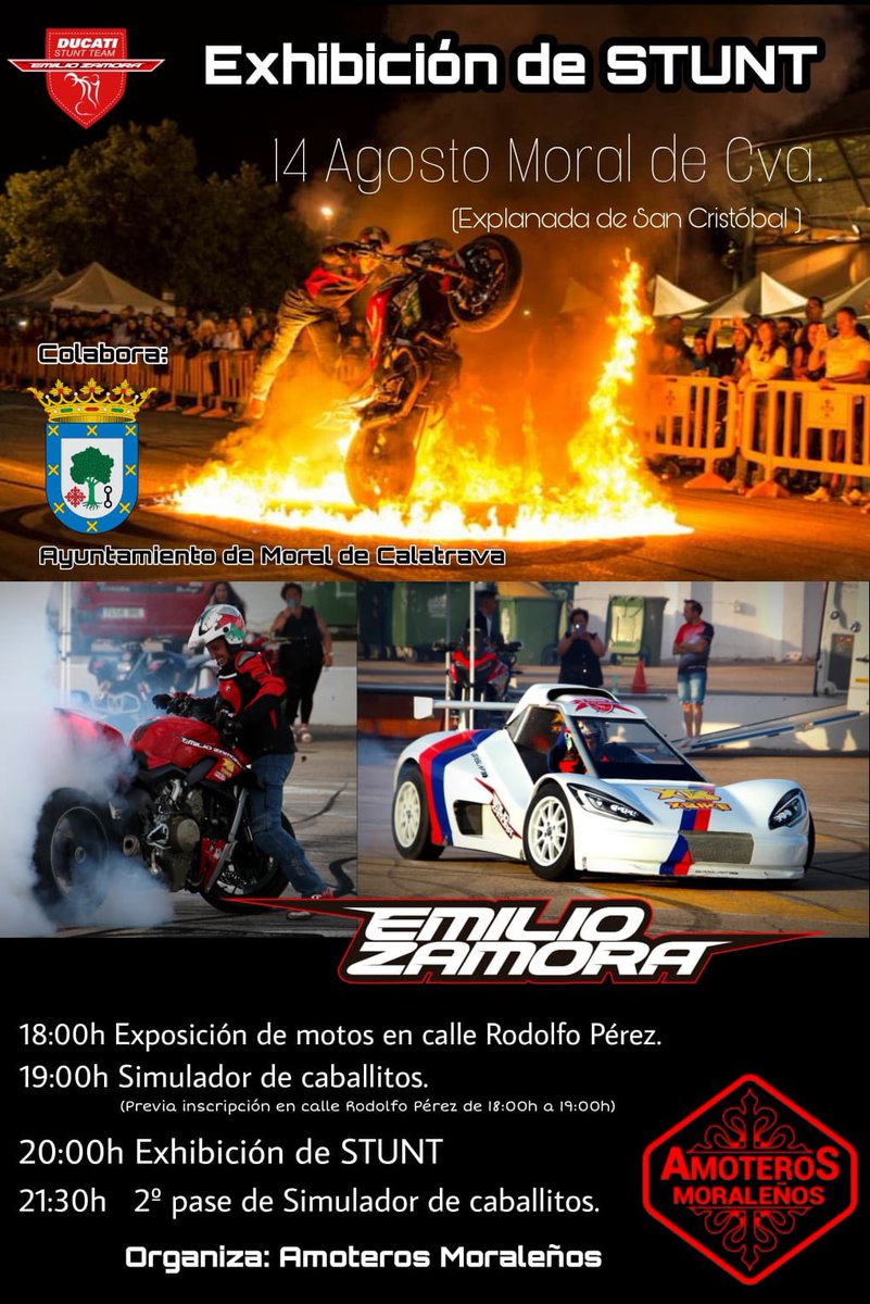 El próximo domingo 14 de agosto desde las 18:00h… se está preparando una de las grandes en Moral de Calatrava - Ciudad Real!! Ducati Stunt Show 🏍💨 + Formula Drift Car 🏎💨+ Simulador de caballitos XBike🏍🏍 la tarde más potente del verano!! 

Gaaaaassssss

#motos #stunt #moto