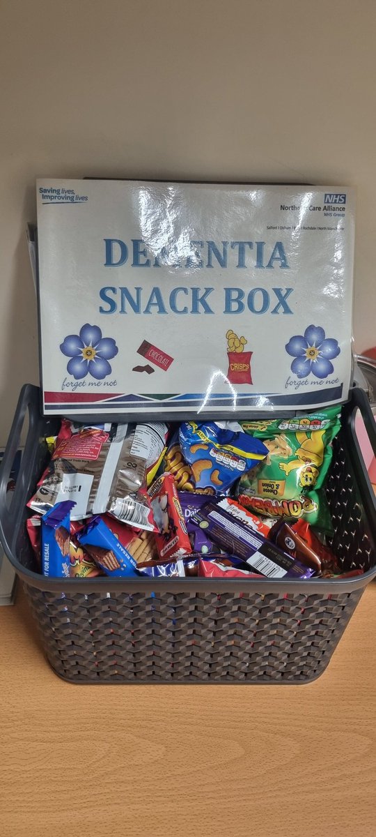 New dementia snack box is now up and running on <a href="/WardF8CCU/">Ward F8/CCU NCA-TROH 🫀</a> ! Filled with chocolate and crisps and eventually some little drinks too! To help encourage nutrition as lots of older people like to snack! <a href="/NCAlliance_NHS/">Northern Care Alliance NHS Foundation Trust (NCA)</a> <a href="/ClaireStott17/">Claire Stott</a> <a href="/NCANursing/">NCA Corporate Nursing & Governance</a> <a href="/DementiaUK/">Dementia UK</a> <a href="/OldhamCO_NHS/">Oldham Care Organisation</a>