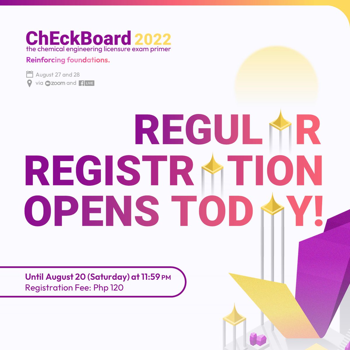 ChEckBoard2024's tweet photo. Regular registration for ChEckBoard 2022 is now OPEN!
Join us from Aug 27 to 28 for a comprehensive primer about the upcoming chemical engineering board exam.
The regular rate is Php120. Sign up through the link: https://t.co/oOuvjKHAqj
#ChEckBoard2022
#ReinforcingFoundations https://t.co/BmFOVFBg9T