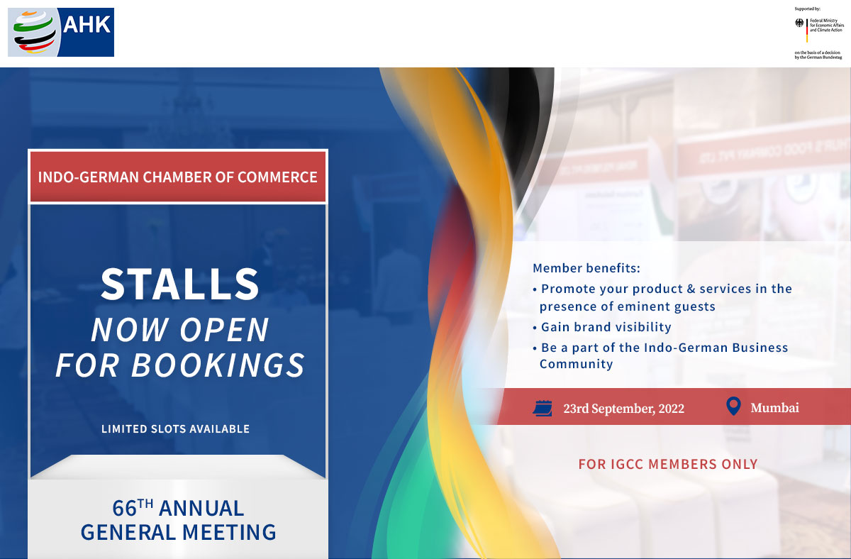 IndoGerman's tweet photo. The Indo-German Chamber of Commerce is holding its Annual General Meeting on the 23rd of September and is now accepting bookings for stalls!
For further details, please contact sameeha.sule@indo-german.com
#IGCC #AGM #PartnerforIndoGermanTrade https://t.co/vxpYHBHOEK