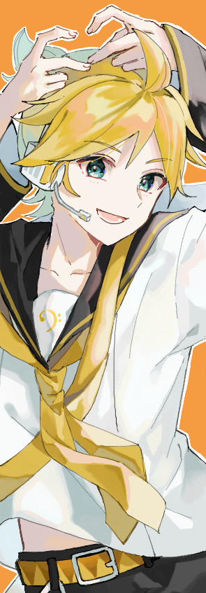 kagamine len 1boy male focus blonde hair sailor collar orange background shirt solo  illustration images