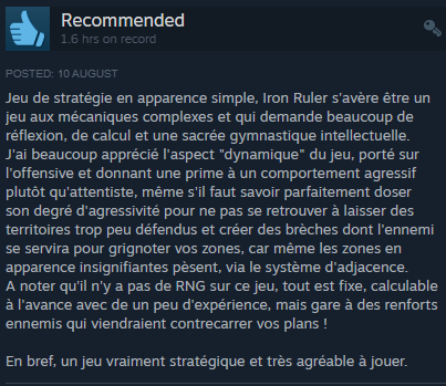 A meaty Iron Ruler review, in French. I knew translating in French &amp; Spanish would perhaps, possibly be worthwhile in the long run!
#indiedev #wargame #IronRuler #TBS #freeware