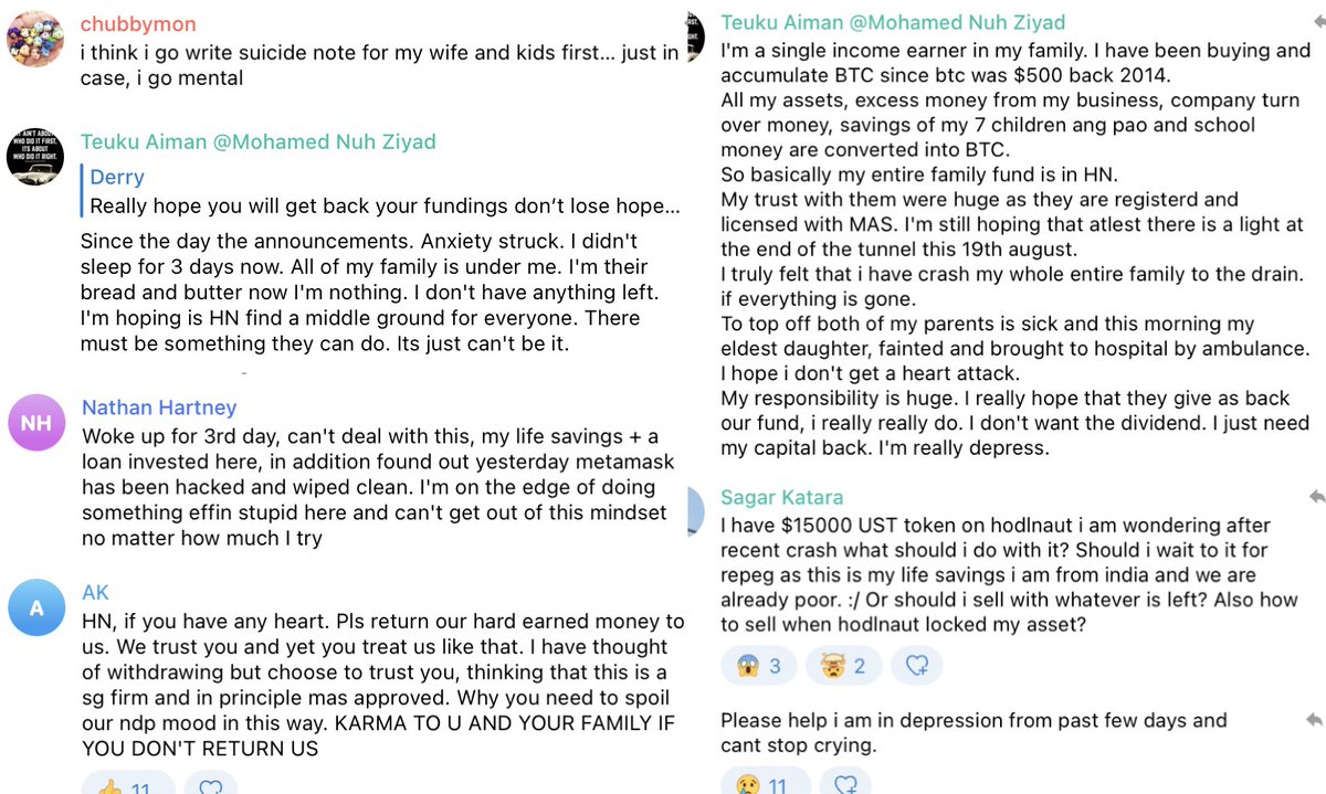 FatManTerra's tweet photo. The Hodlnaut chat is hard to watch. The worst one so far IMO. What's sickening is a month ago I implored JT to set a fair daily cap so retail could get out. Instead, he took in even more deposits, telling everyone everything was fine, and banned me from all the chats. Pure evil. https://t.co/siAQFwNIeI