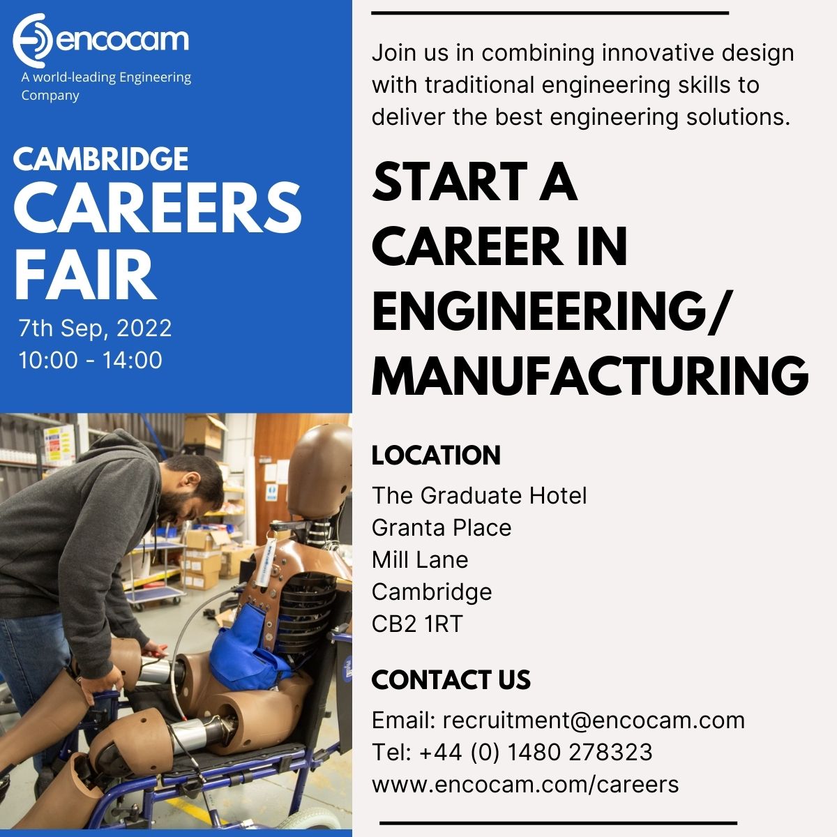 Encocam Ltd will #exhibit at the upcoming #Careersfair in #Cambridge on September 7.

Start a #career in #manufacturing and #engineering at Encocam Ltd.

#development #growth #jobsfair #engineering #jobs #engineer