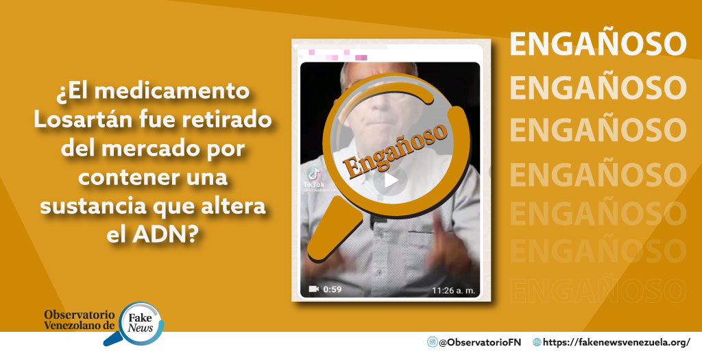 ObservatorioFN's tweet photo. Circula un video donde se afirma que el medicamento #Losartán fue retirado del mercado por contener una sustancia llamada #Azida que genera mutación en el ADN.
⚠️ #Engañoso
La información es imprecisa. No menciona marca ni lote que permita identificar el producto. https://t.co/oleXS4n3Vz