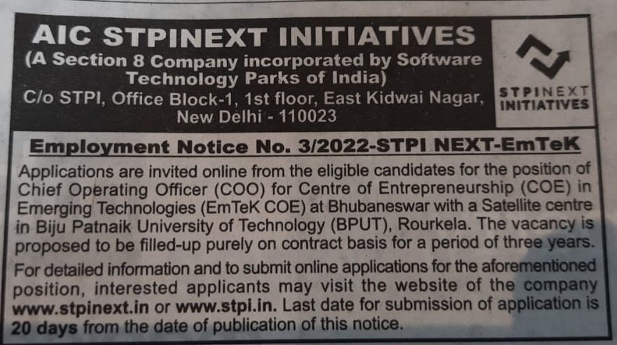 We are Hiring Chief Operating Officer (COO) for CoE in Emerging Technologies (EmTeK CoE) at Bhubaneswar. Last date:23.08.2022 Apply Now: recruitment.stpi.in/coe/emtek_coe/ @AshwiniVaishnaw @Rajeev_GoI @arvindtw @GoI_MeitY @MSH_MeitY @mygovindia @_DigitalIndia