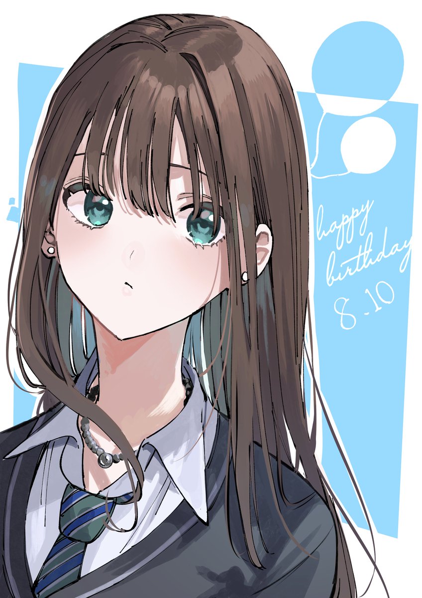 shibuya rin 1girl solo jewelry necktie long hair brown hair necklace  illustration images