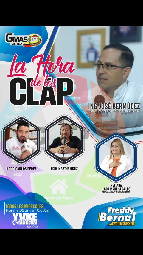 Hoy#10Agos no se pueden perder "La Hora de los Clap" a partir de las 8am por <a href="/YvkeTachira/">Yvke Tachira</a> 94.5 Fm, tendremos como invitada a la Lcda. <a href="/MartaGalloVzla/">Marta Gallo</a> Alcaldesa del Mcpio. #Cardenas, contáctanos vía SMS al 04242072567
¡Los Esperamos!
#ClapTachiraPuebloYVictoria