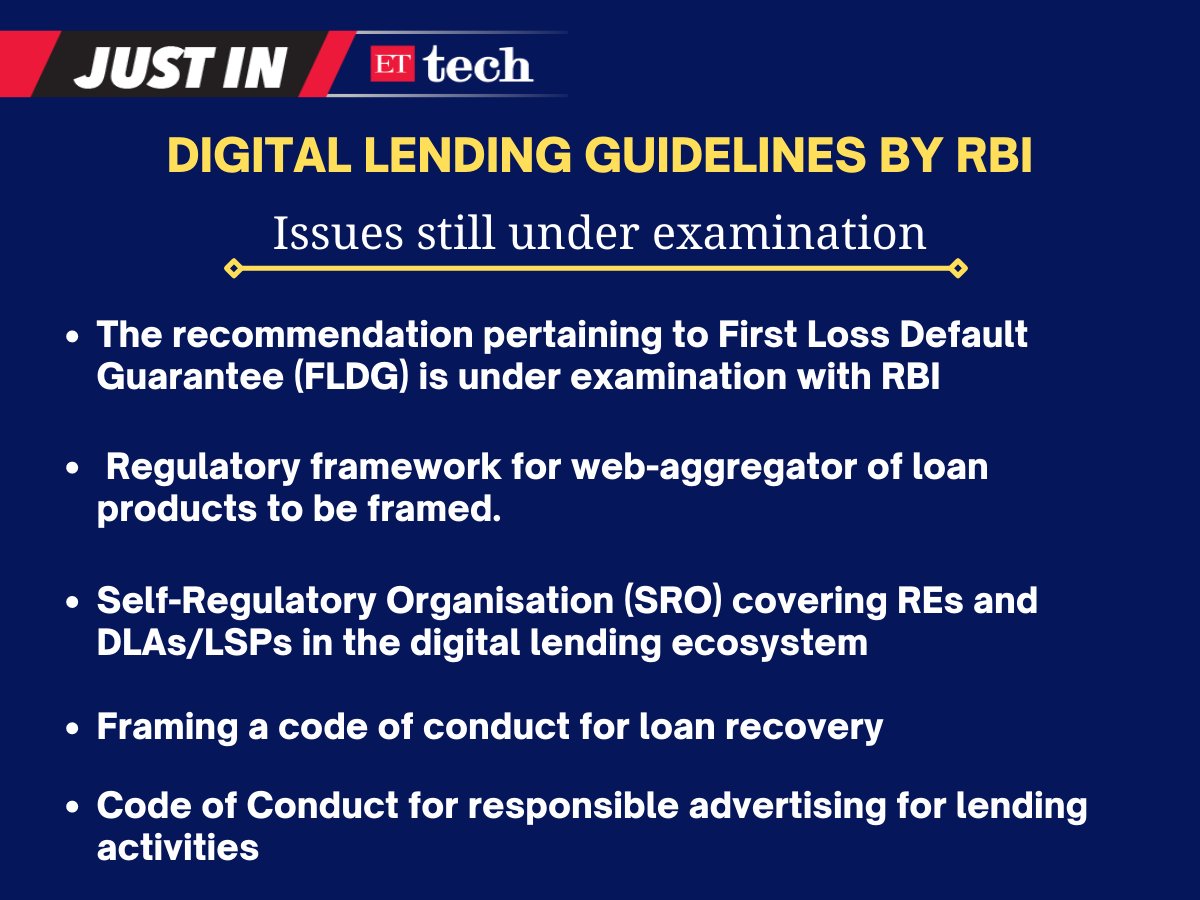 ETtech's tweet image. #DigitalLendingGuidelines | Recommendations accepted in-principle by @RBI but require further examination are as follows: