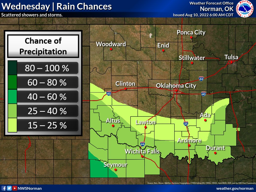 NWSNorman's tweet image. The chance for showers and thunderstorms will shift the south today across southern Oklahoma and western north Texas.

The most intense thunderstorms could have brief, heavy rainfall. Strong winds are also possible. #okwx #texomawx