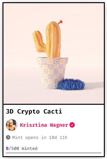 ⚠️Mint opens on 20th of August 10:00 CET ⚠️
ARE YOU READY FOR THE CACTI MADNESS? 😱

#fxhash <a href="/3Dcryptocacti/">3D Crypto Cacti</a>